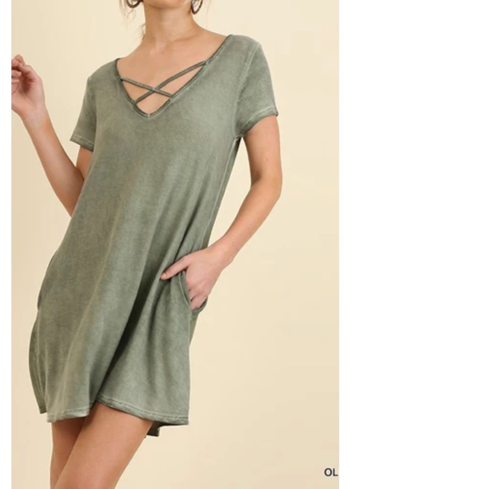 Umgee V Neck Criss Cross Pocket Shirt Dress Casual in Sage Washed 1XL